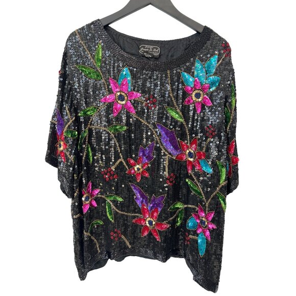 Jean For Joseph Le Bon Tops - Vintage Jean For Joseph Le Bon Shirt Floral Sequin Beaded Silk Top Blouse Party